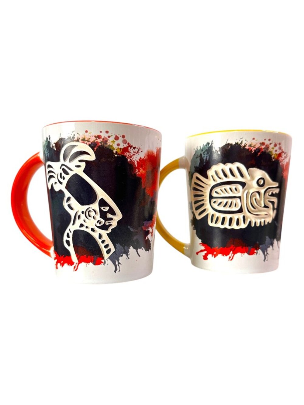 2 Cozumel Mexico Souvenir Ceramic Mugs Ancient Symbols EUC Colorful Fun Unique